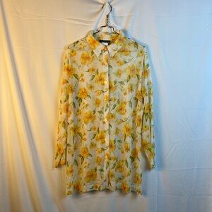 Vintage Special Preview Yellow White Floral Sheer Button Up Blouse